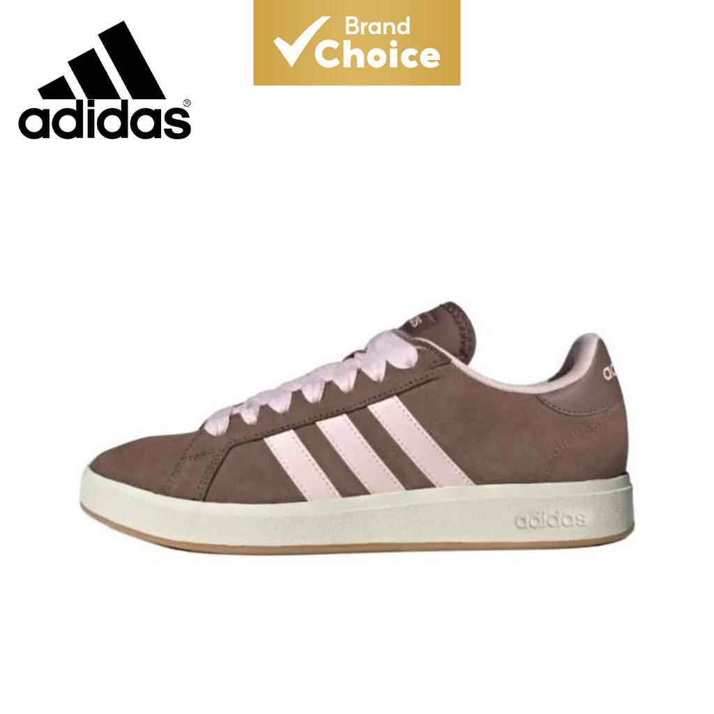 Adidas Grand Court Base 00s Classic: Tênis de cano baixo marrom e rosa, confortável, com sola fina e resistente ao