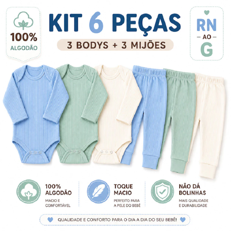 Kit 6 peças Conjunto de roupa de Bebê Canelado Manga Longa Body e Calça 100% Algodão Unissex Enxoval — imagem 1