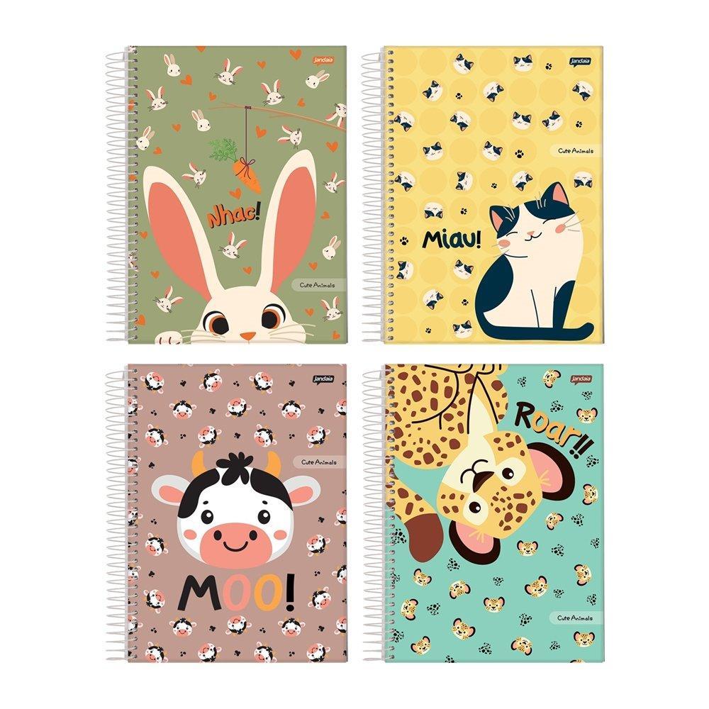 Caderno Espiral Jandaia Universitário Capa Dura Cute Animals 1 Matéria 80 Folhas Embalagem com 4 Unidades