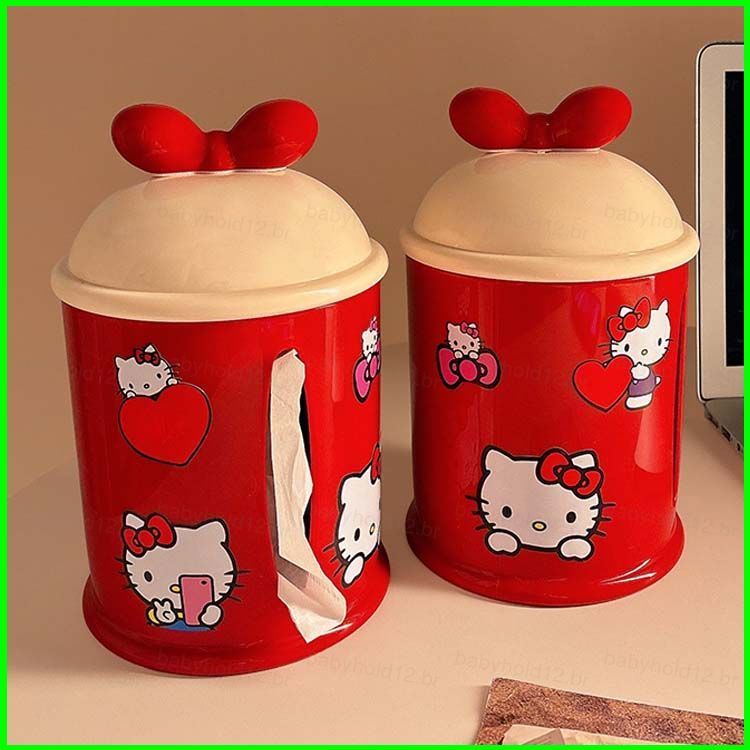BB12 Lata De Tecido Cilíndrico Fofa Da Hello Kitty Com Tampa De Arco Suporte De Armazenamento De Papel Em Rolo De