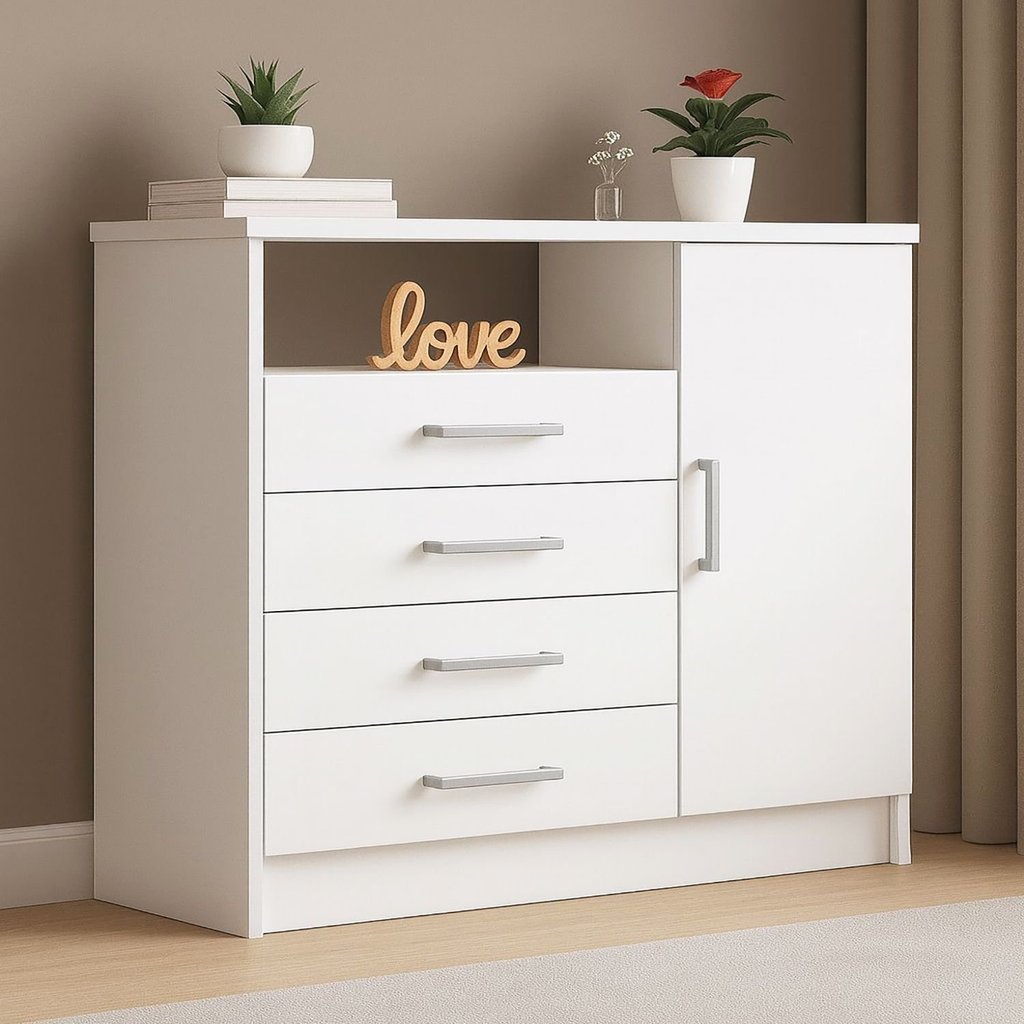 Cômoda 4 Gavetas 1 Porta e Nicho para Quarto Branco
