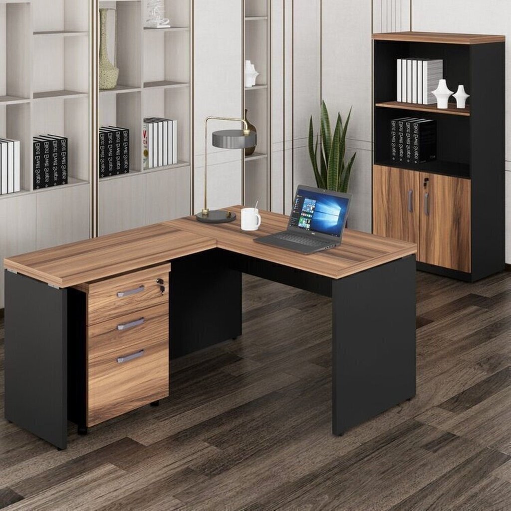 Conjunto Mesa de Escritório 120x150cm em L com Gaveteiro e Armário Estante Espresso Móveis Marrom Preto 120