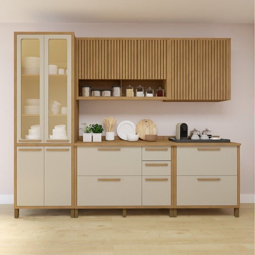 Cozinha Completa Modulada Torino com 2 Aéreos, 1 Paneleiro Porta de Vidro e 2 Balcões Cinamomo/Off White