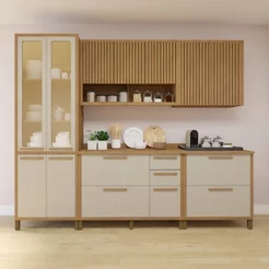 Cozinha Completa Modulada Torino com 2 Aéreos, 1 Paneleiro Porta de Vidro e 2 Balcões Bege/Cinamomo/Off White