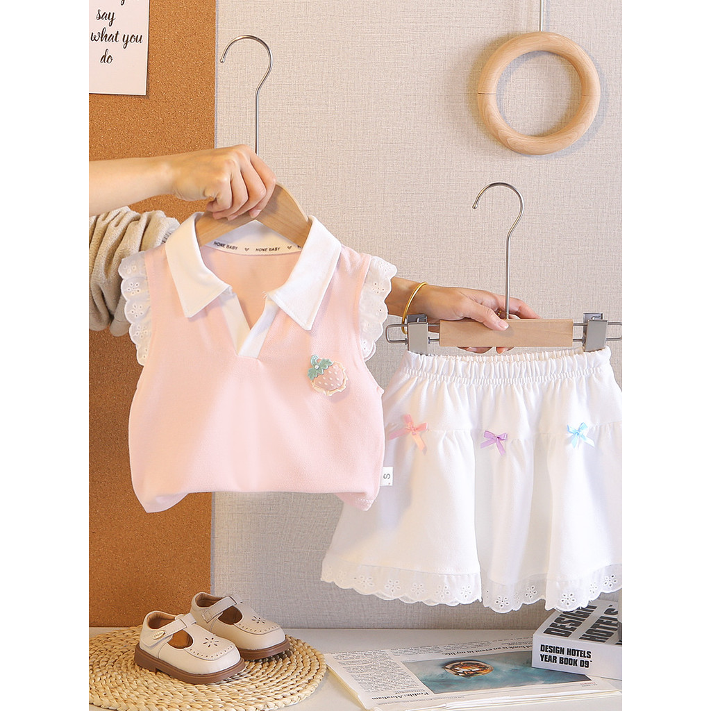 Meninas roupas de verão moda sem mangas terno de duas peças bebê verão fino morango roupas do bebê crianças na moda