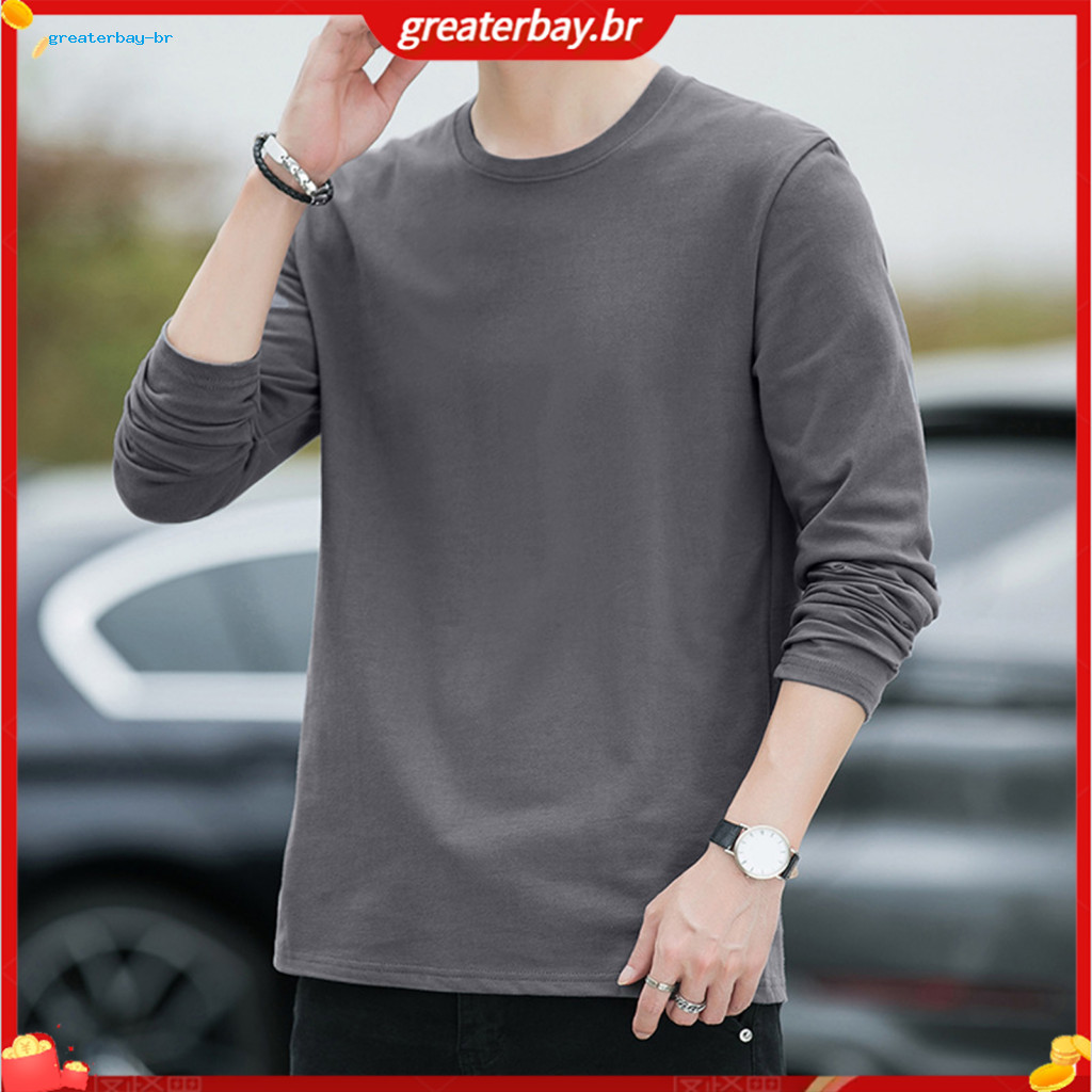 Men's Round Neck Long Sleeve Autumn Pullover Solid Color Thin Casual Top Lightweight and Comfortable for Everyday Wear M