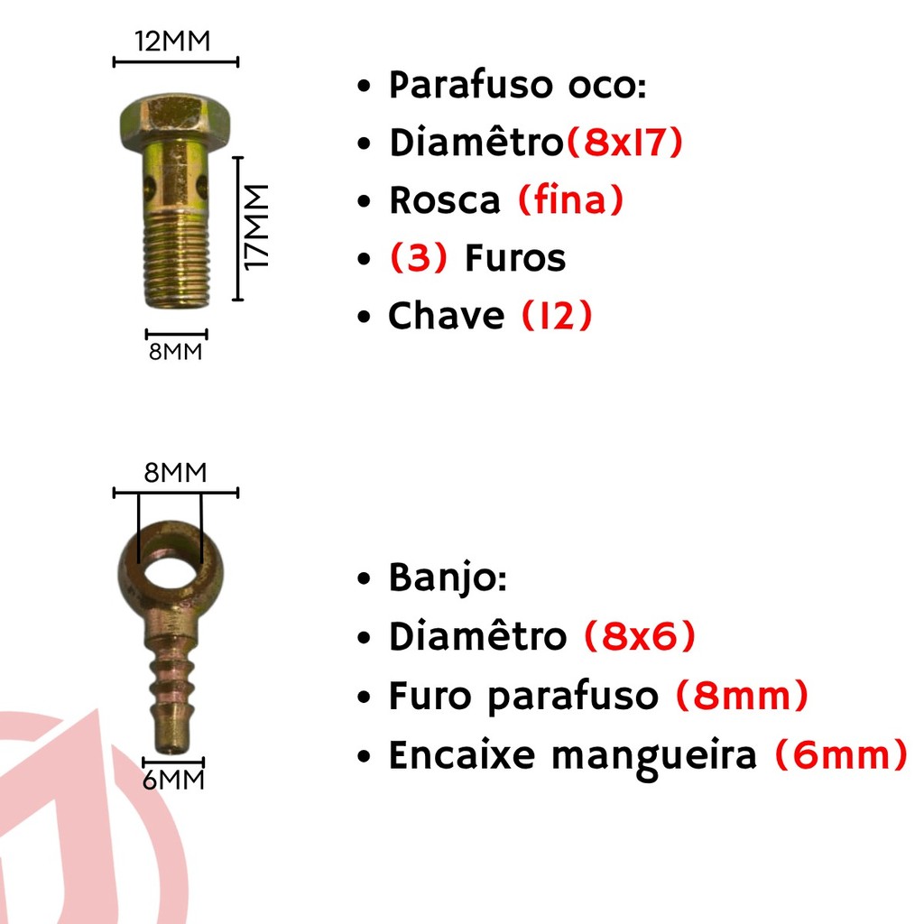 Kit Olhal Banjo 8mm Parafuso Oco e Arruelas para Tubo 6x4mm · foto 2