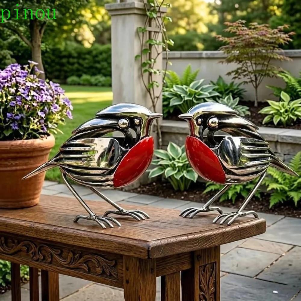 Escultura De Pássaro PINOU Robin , Estátua De Metal Rústica De Sucata Vermelha , Estátuas De Pássaros De Jardim Artesana