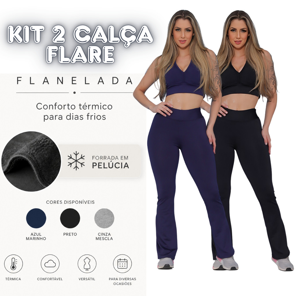 Kit 2 Calça Flanelada Peluciada Flare Calca Boca Larga de Sino Roupas Flair Femininas