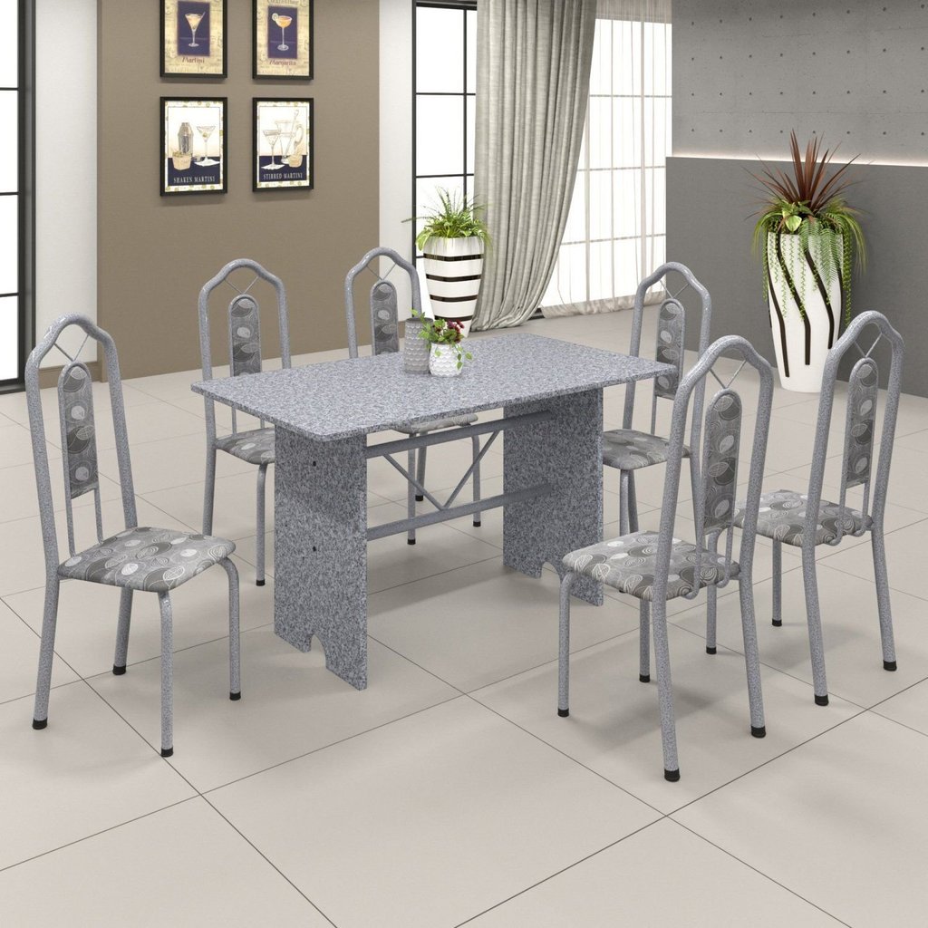 Conjunto de Mesa 140x75cm Tampo Granito com 6 Cadeiras Bianca Soma Móveis Branco/Martelado Perola/Ocre/Paraopeba