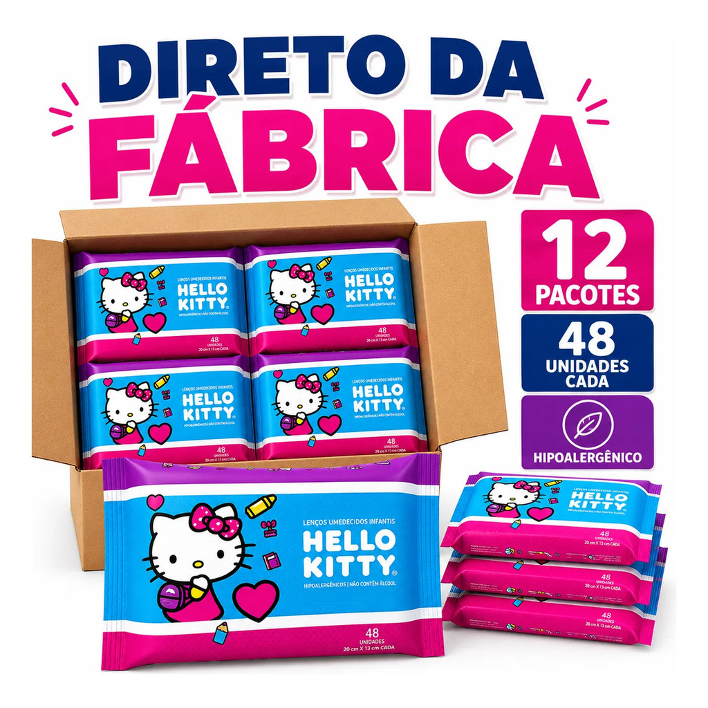 Caixa de Lenços Umedecidos Hello Kitty Premium 576 Toalhas Umedecidas 12 Pacotes Lencinho Atacado