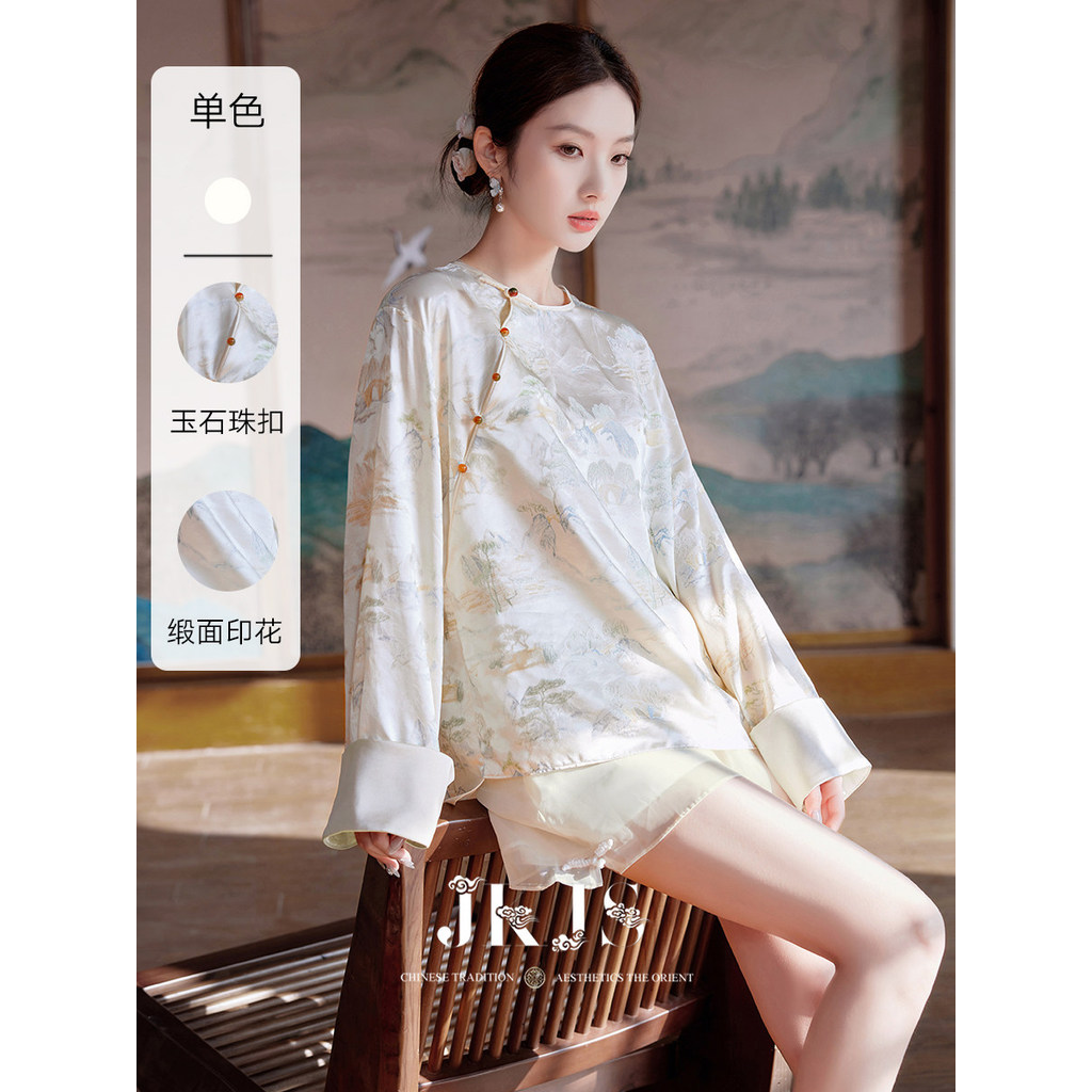 JKJS [Xiaozhongshan] Cetim Impresso Novo Estilo Chinês Camisa Abotoada + Shorts Verão Novo Estilo Estilo Chinês Top