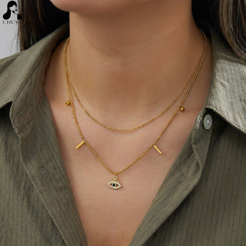 Colar de Dupla Camada com Olho Turco Azul em Zircônia Micro Pavê, Choker de Aço Inoxidável Dourado com Corrente de Cabo,