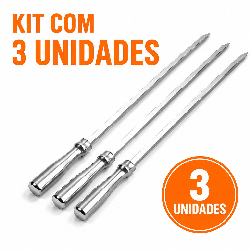 KIT 3 Espetos Unico Profissional Barra Chata Churrasco Cabo Aluminio Grill Churrasqueira 60cm