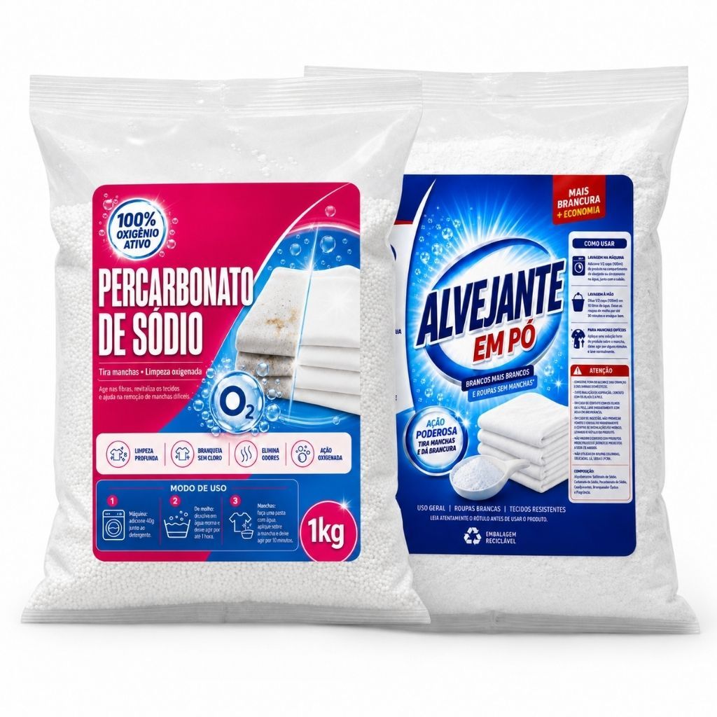 Kit Remove Manchas Percabonato 1Kg + Alvejante Em Pó 1Kg Roupas Mais Brancas Coloridas Sem Manchas