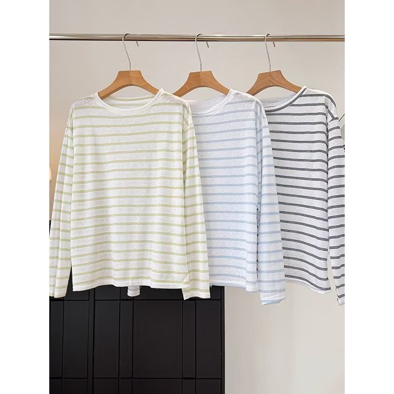 Verão feminino fino como asas de cigarra Super respirável listrado manga comprida camiseta feminina solta preguiçoso sói