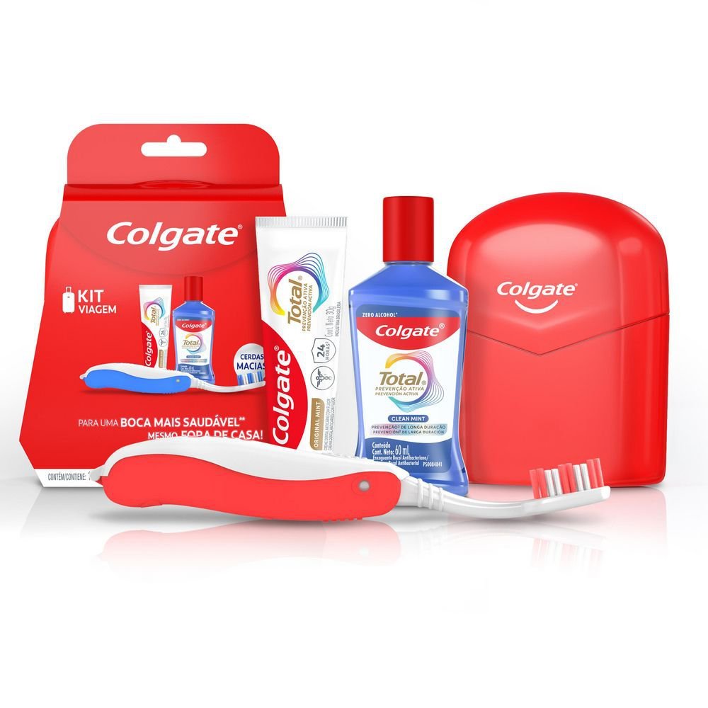 Kit de viagem Colgate contendo uma escova de dentes com cerdas macias, um creme dental Total, um enxaguante bucal de 60ml e uma nécessaire vermelha.