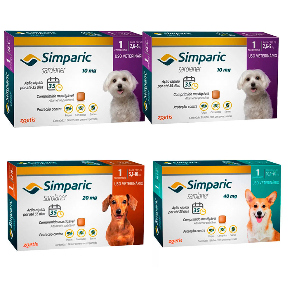 Kit Simparic Cães 2un 10mg + 1un 20mg + 1un 40mg com 1 Comprimido Cada.