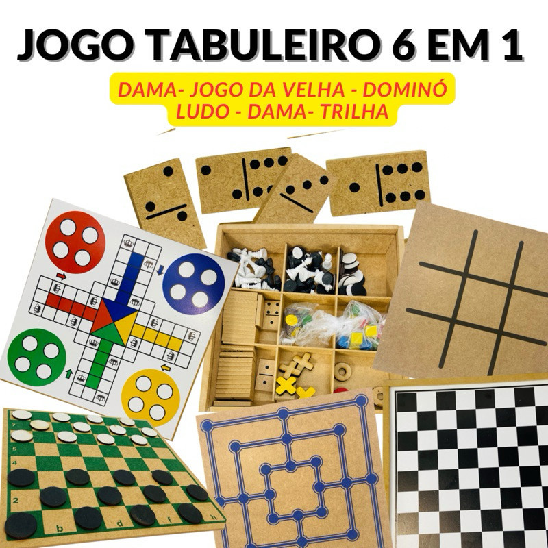 Jogo Tabuleiro 6 em 1 Xadrez,Dama,Jogo da Velha, Ludo, Trilha, Dominó - Jogos Tradicionais