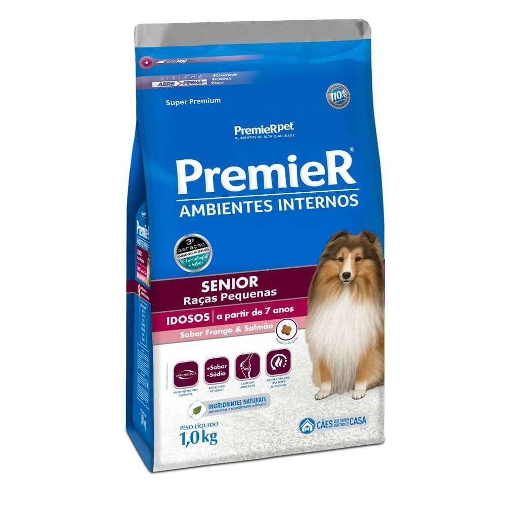 Ração PremieR Ambientes Internos sênior raças pequenas cachorros 7+ frango & salmão 1,0kg