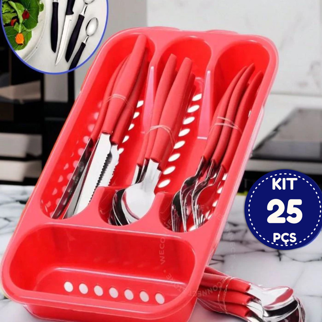 Faqueiro Inox 24 Peças Cabo Preto Vermelho Com Organizador Cozinha