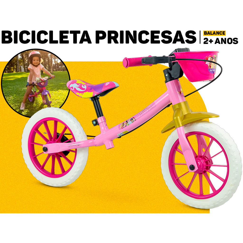 Bicicleta Bike De Equilíbrio Infantil Menina Princesas S/ Pedal Aro 12 Nathor Criança Iniciante