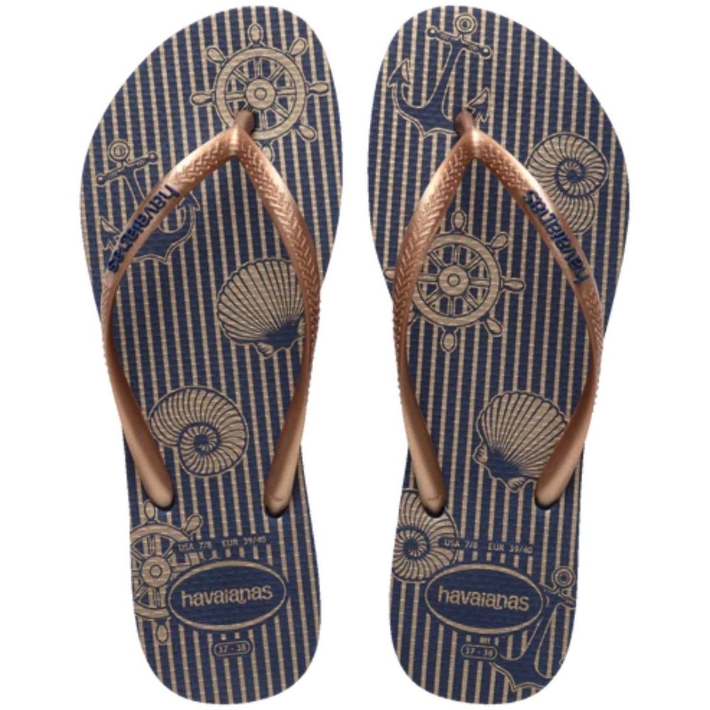Chinelo Havaianas Slim Nautical Feminino - Azul e Dourado em Oferta na Shopee