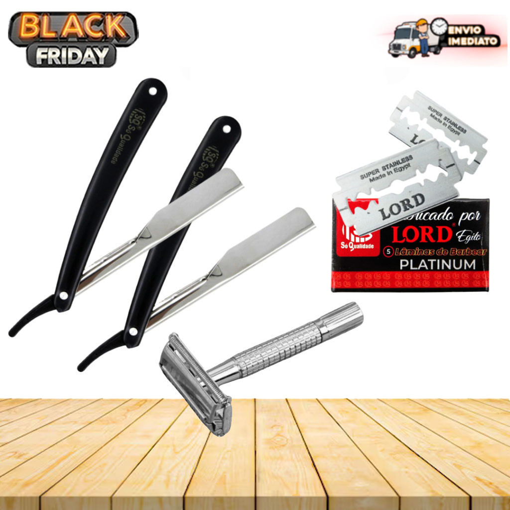 Kit Barbearia Profissional: 2 Navalhetes + Barbeador Inox + Lâminas Platinum