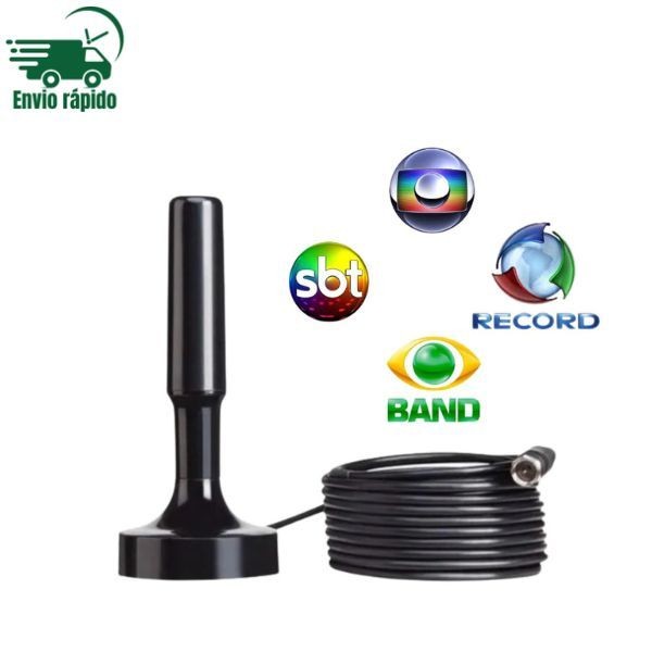 Antena Digital Tv Amplificada Interna e Externa 2 Metros Base Imã Prova d'água 4DBI HDTV/UHF/VHF