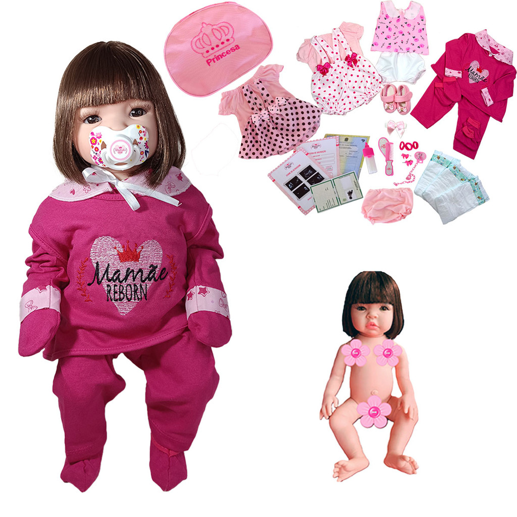 Boneca Bebê Reborn Realista Silicone 48cm Enxoval Completo 4 Trocas de Roupas Mamãe Reborn em Oferta na Shopee