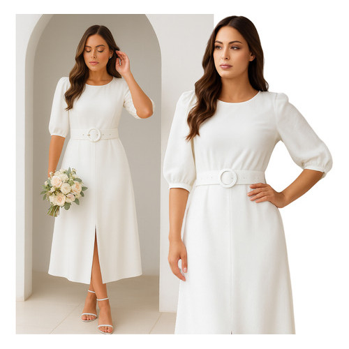 Vestido Midi Casamento Civil Noiva Com Manga E Cinto Forrado em Oferta na Shopee