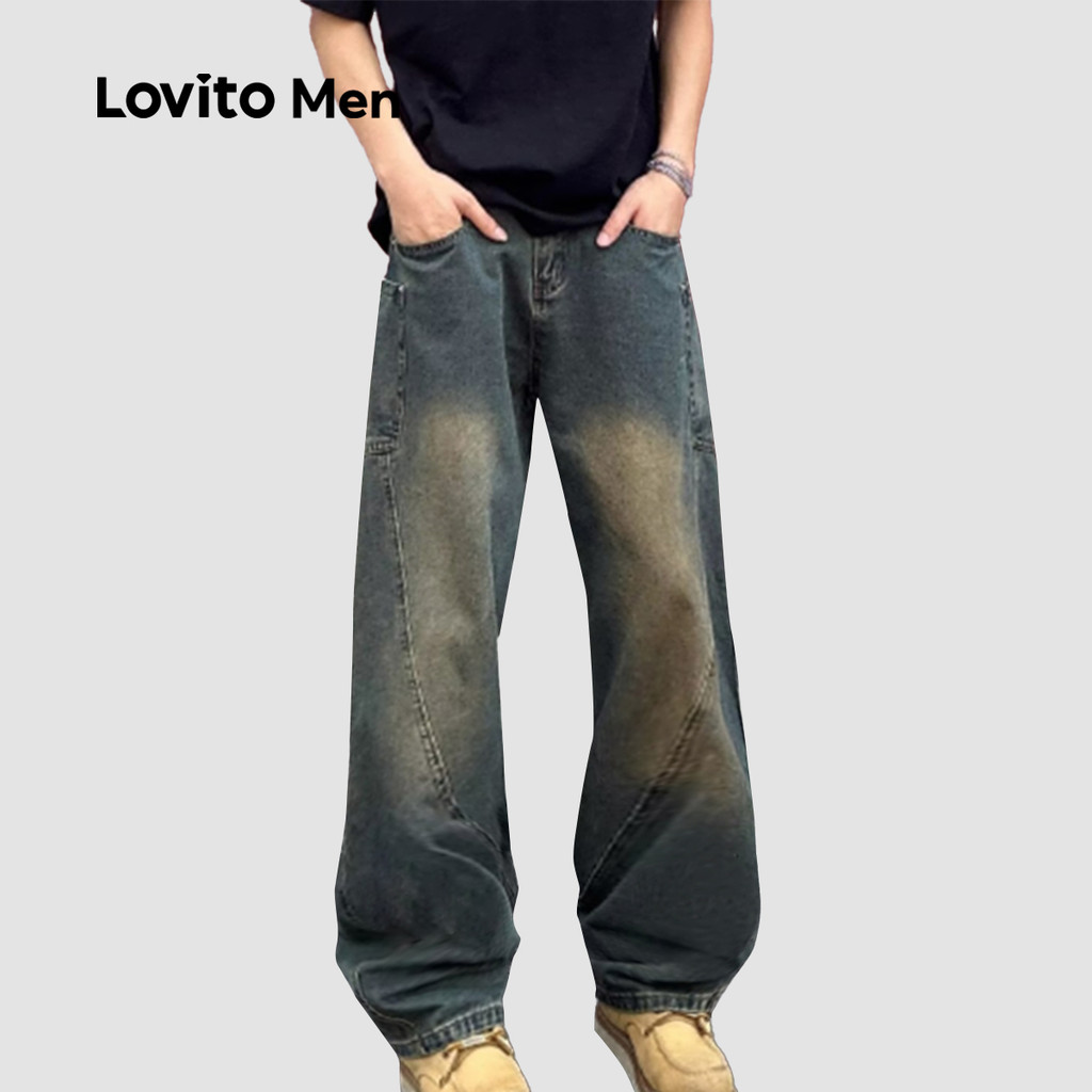 Detalhes do (NEW) Lovito Jeans Casuais com Bolso para Todos Os Estações Jeans Azuis para Homens LNE114148