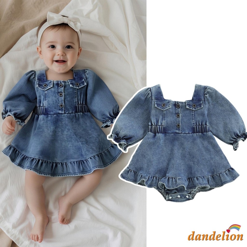 Vestido Infantil Demin Para Bebês Meninas – Outono Gola Quadrada Cor Sólida Lanterna Manga Comprida