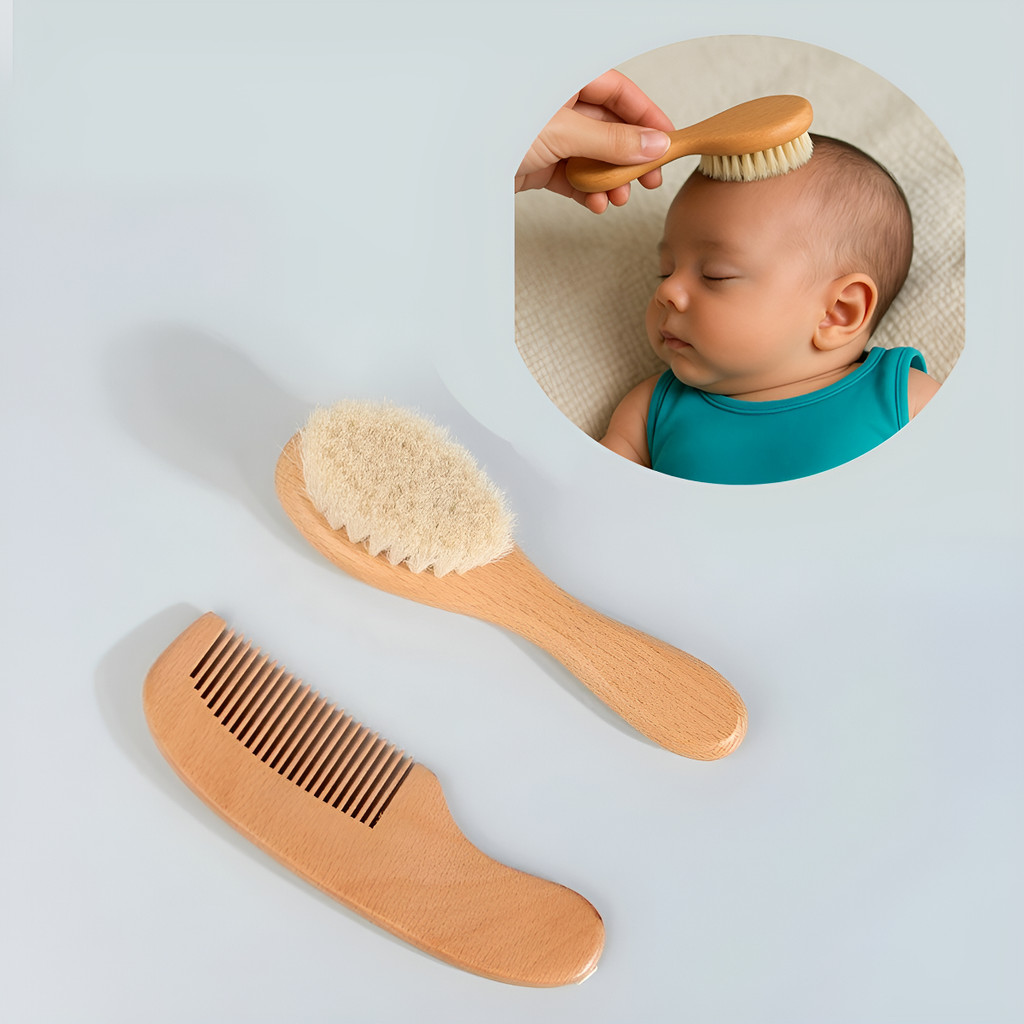 Kit Escova E Pente De Madeira Bebê Cerdas Macias Natural
