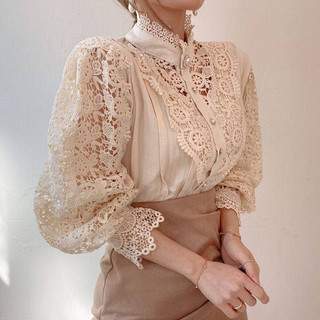 Blusa Camisa Feminina De Renda Branca Manga Longa Gola Redonda/Stand Collar a Diacom Botões Elegante para Escritório