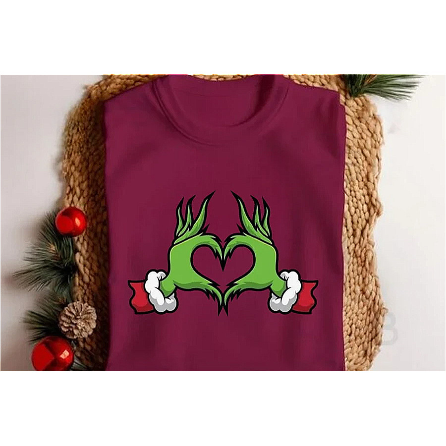 Camiseta Unissex P-G3 Natal Coração Verde Mãozinha Grinch Natal Festa Natalina 2025 LAnçamento Envio Imediato