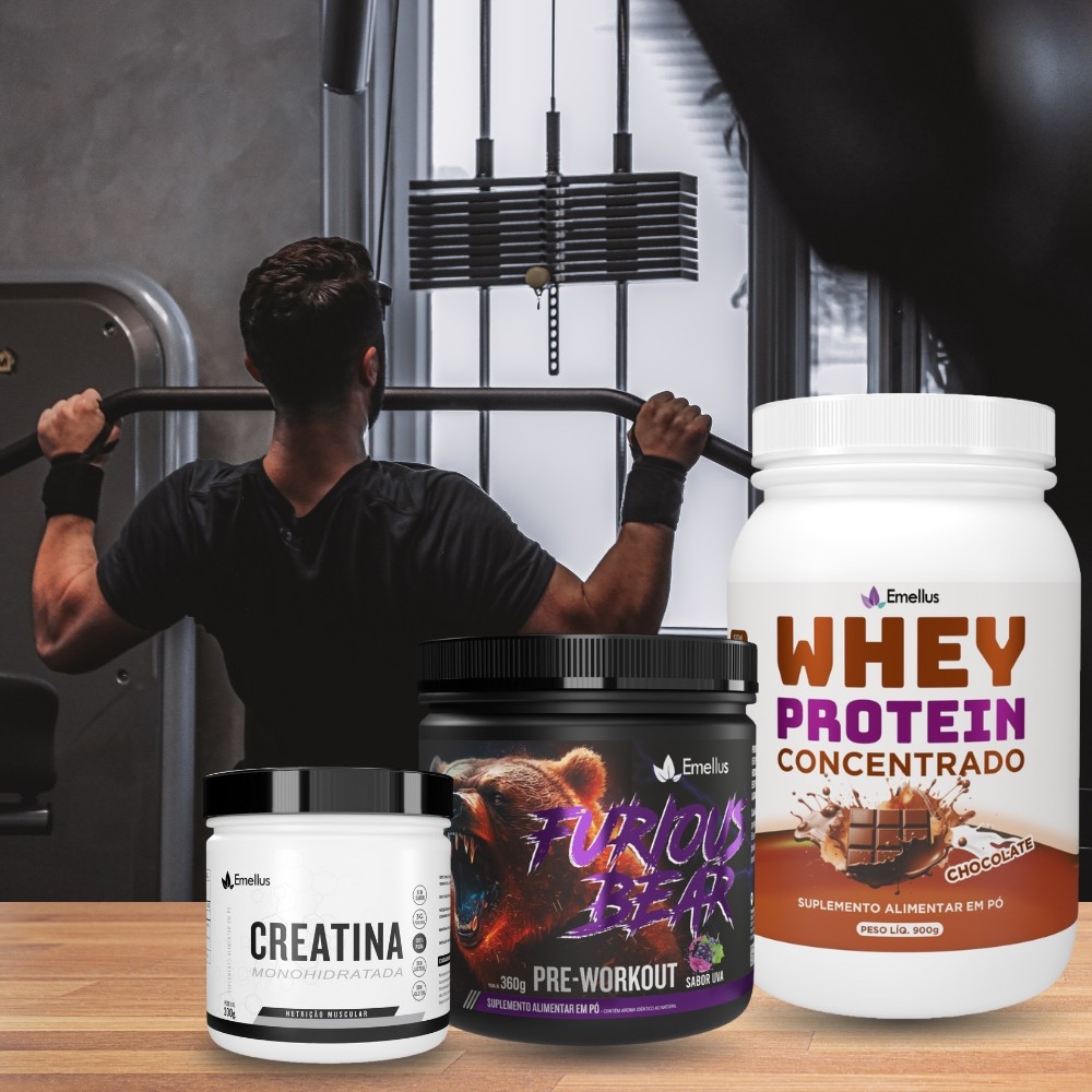 Kit Suplementos Emellus Creatina 150g + Whey Protein Concentrado Chocolate 900g 20g Proteína + Pré-Treino 360g