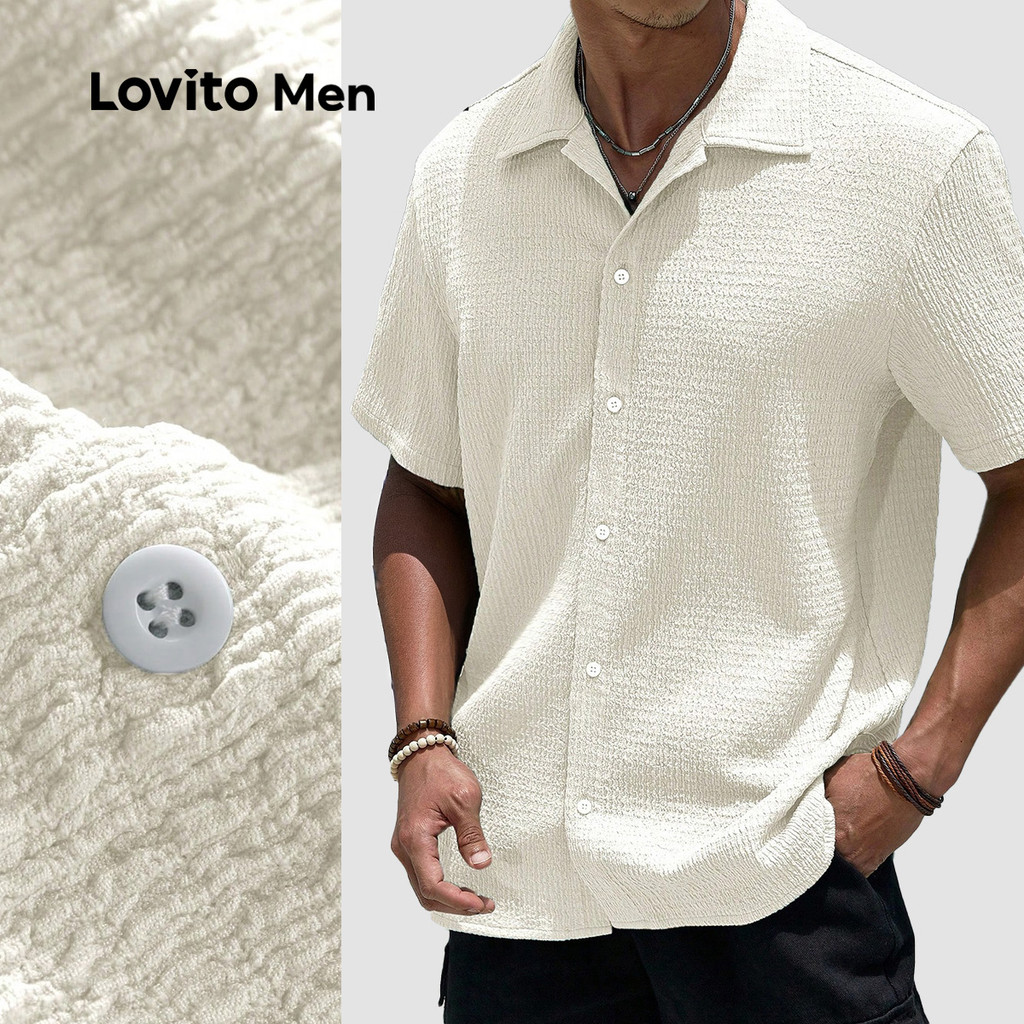 (NEW) Lovito Camisa Casual de Botão com Frisos para Primavera/verão Cor Cáqui Claro para homens LNE118080 em Oferta na Shopee