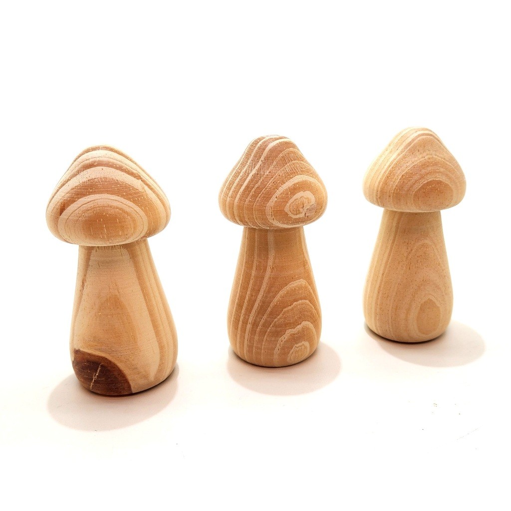 Trio Cogumelo Torneado Madeira Pinus Ref. 4 – Enfeite Rústico para Casa ou Jardim