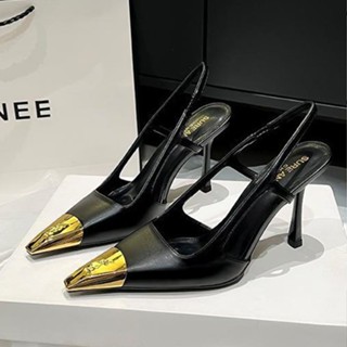 2025 outono novo estilo Metal toe volta sandálias vazias mulheres preto único sapatos Stiletto boca rasa toe-coberto sal em Oferta na Shopee