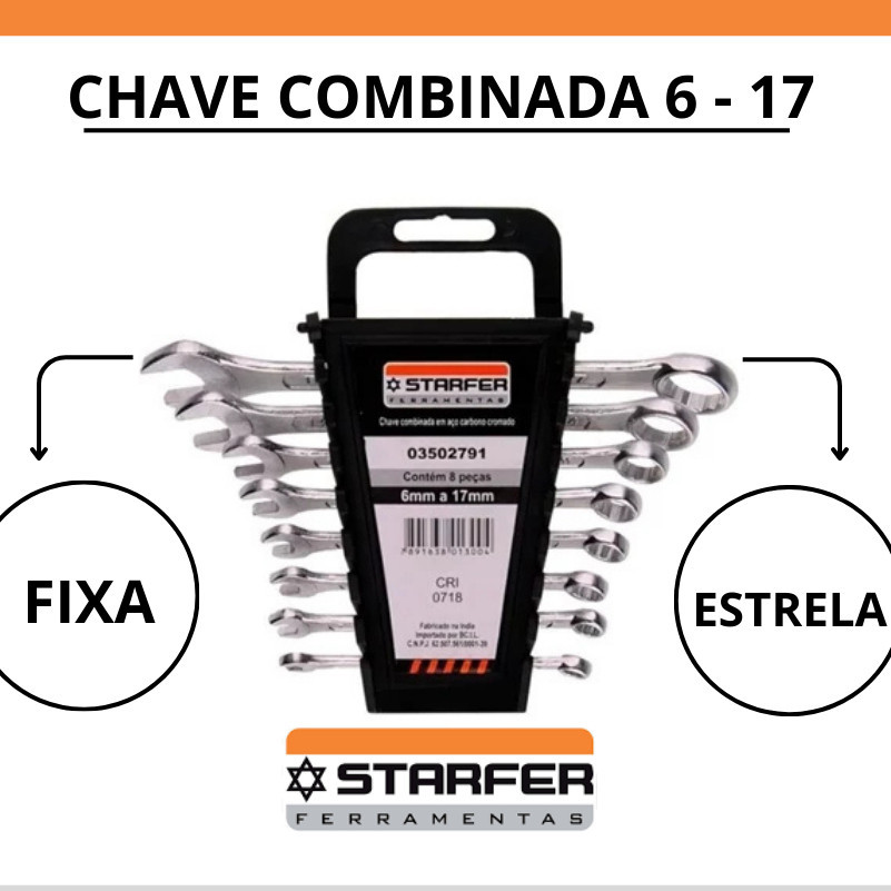 Jogo Chave Combinada 6-17mm 8pçs Boca e Estrela Kit Ferramenta Mecânico Aço Starfer Profissional 🔧