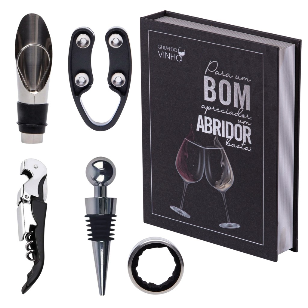 Kit 5 Acessórios Para Vinho Em Aço Inox Adega Servir Livro Caixa Decorativo Com Oxigenador Saca Rolhas Tampa Anel