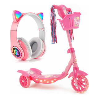Patinete Princesa Sereia 3 Rodinhas Luz Led E Som + Fone Gatinho Rosa Bluetooth de Brinde