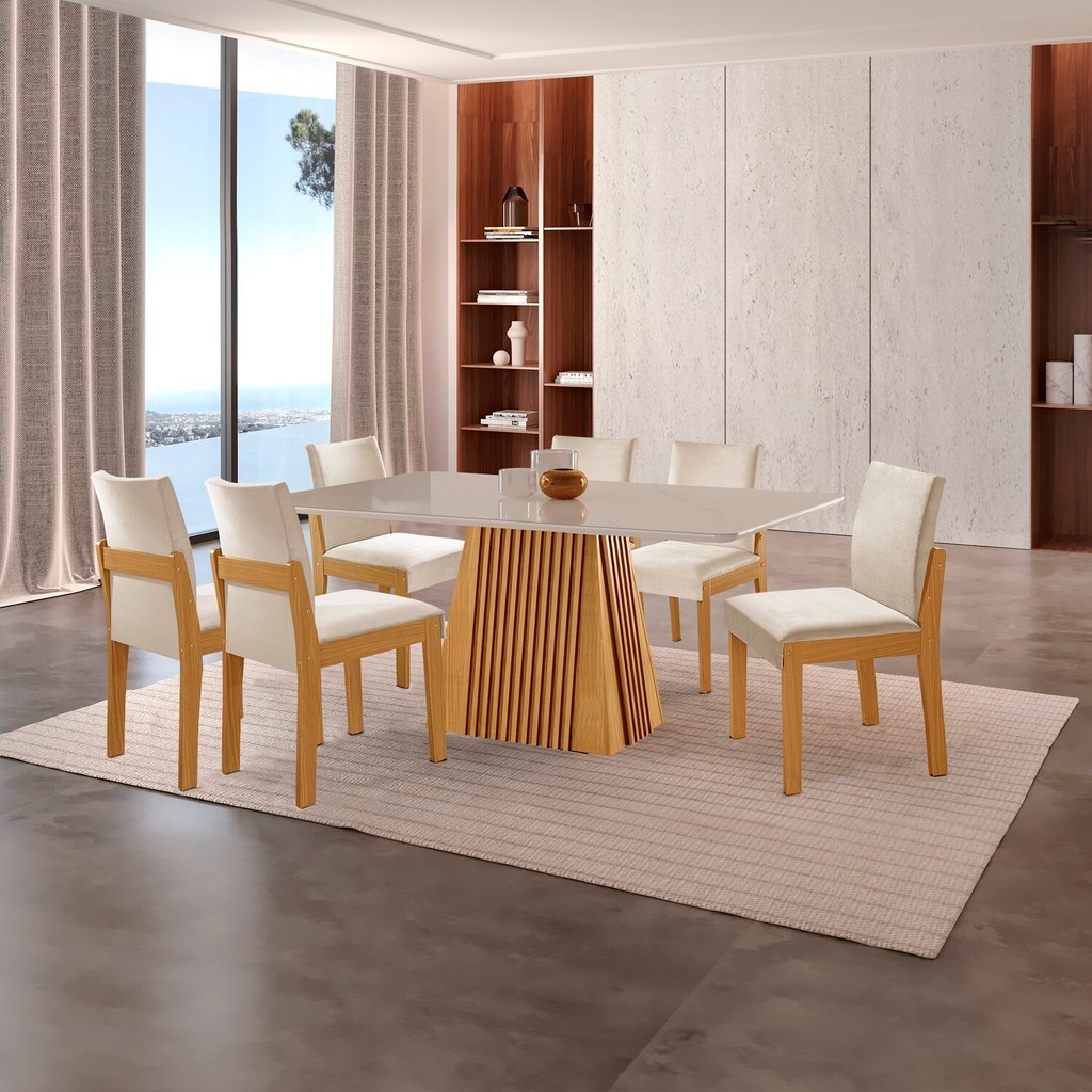 Conjunto de Jantar Mesa Áustria 160cm x 80cm Tampo MDF/Vidro com 6 Cadeiras Mônaco Yescasa Marrom/Castanho