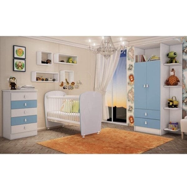 Quarto de Bebê Completo Leãozinho com Guarda-Roupa 2 Portas, Cômoda e Berço Espresso Móveis Branco/Azul em Oferta na Shopee