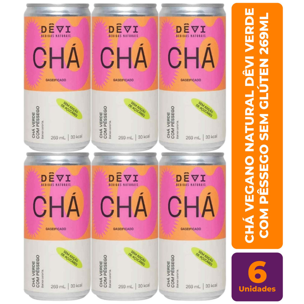 Kit c/ 6 Chá Vegano Natural DÊVI Verde com Pêssego Gaseificado 269ml