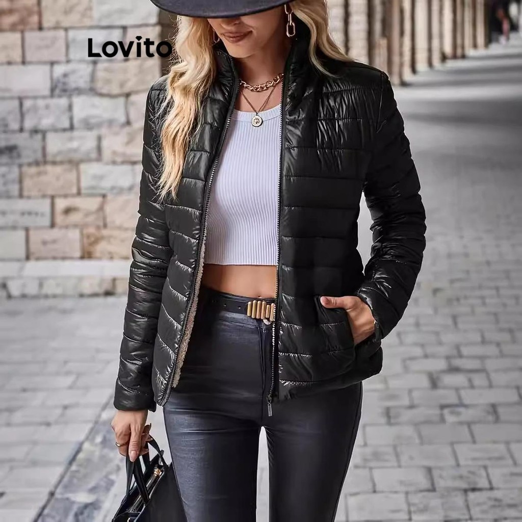 Lovito Casaco Casual Com Bolso Simples Para Mulheres LNL99575 em Oferta na Shopee