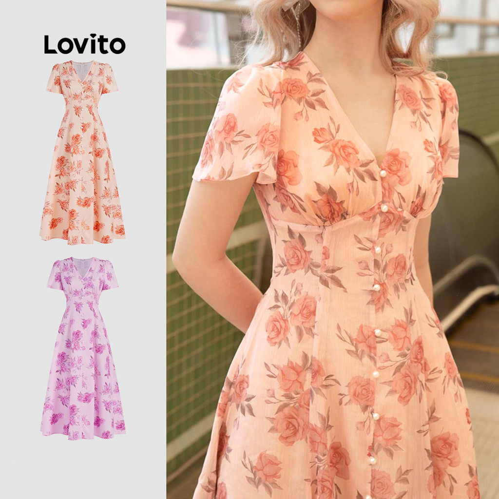 Lovito Vestido Casual Feminino Com Estrutura Floral E Botões Frontais Vestido De Verão/primavera L131LD1193 em Oferta na Shopee