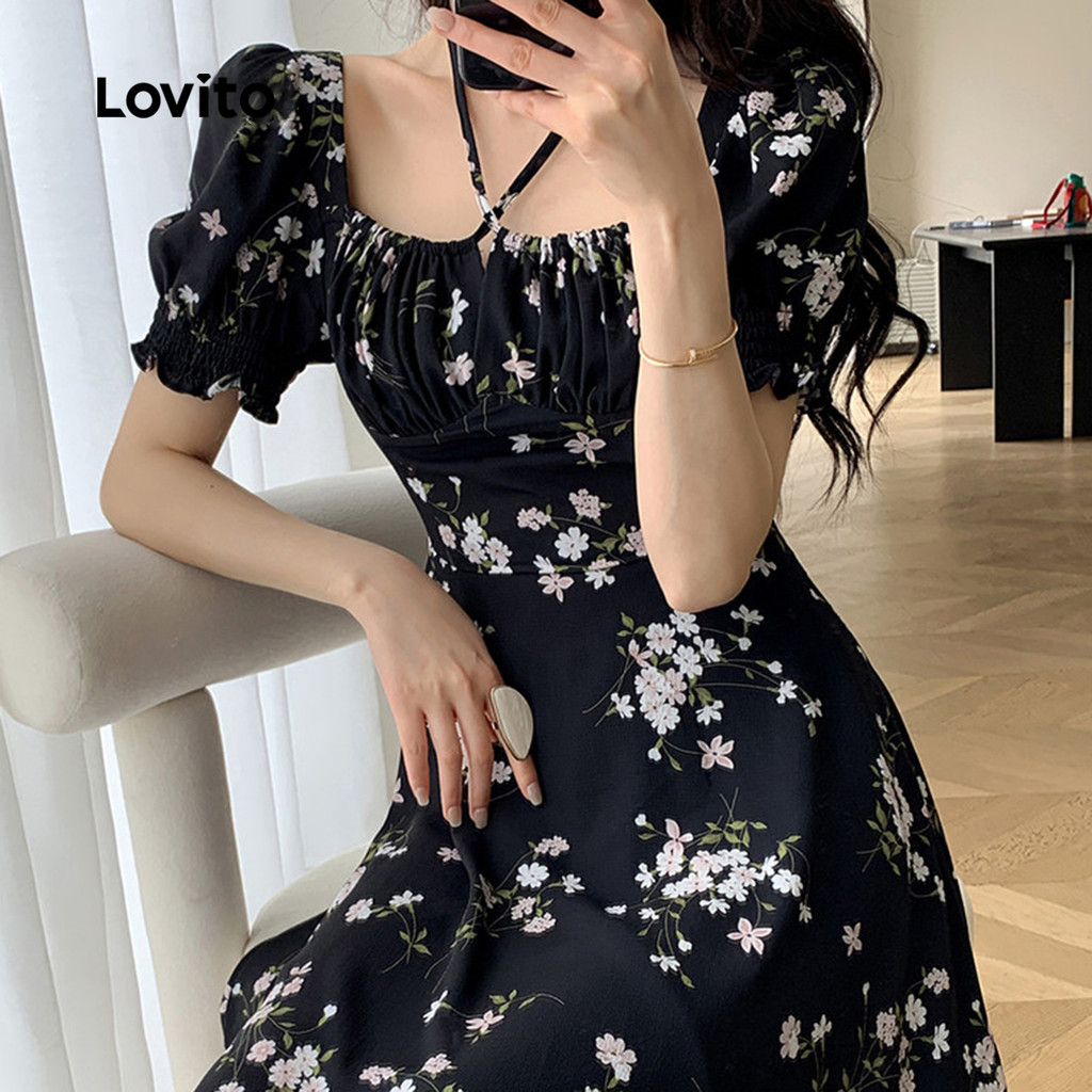 Detalhes do Lovito Vestido Elegante Floral Com Cadarço Vestido De Verão Para Mulheres L123ED059