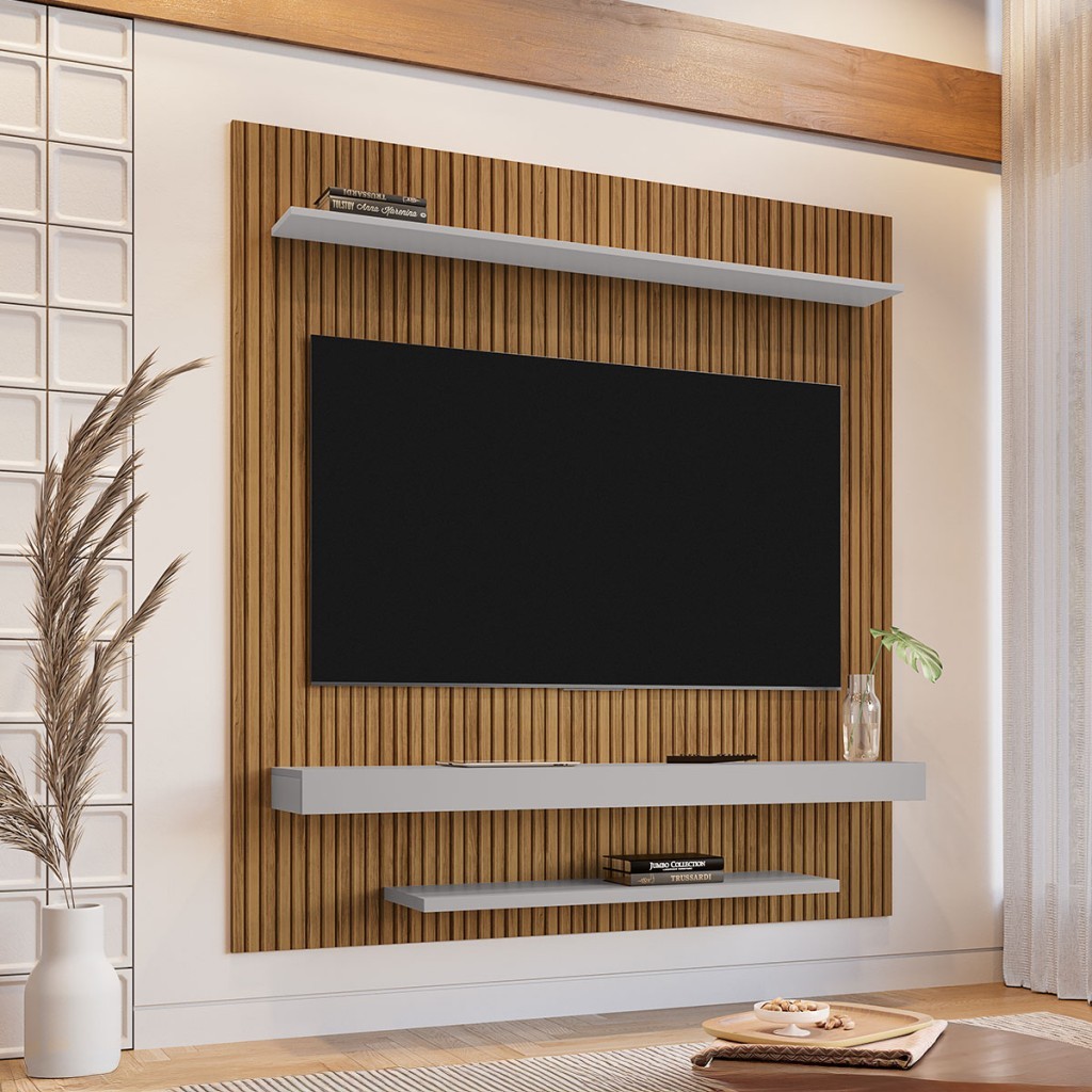 Painel para TV Até 60 Polegadas Mianmar 2 Prateleiras Ripado 3d Cinamomo/Off White - Pnr Móveis em Oferta na Shopee